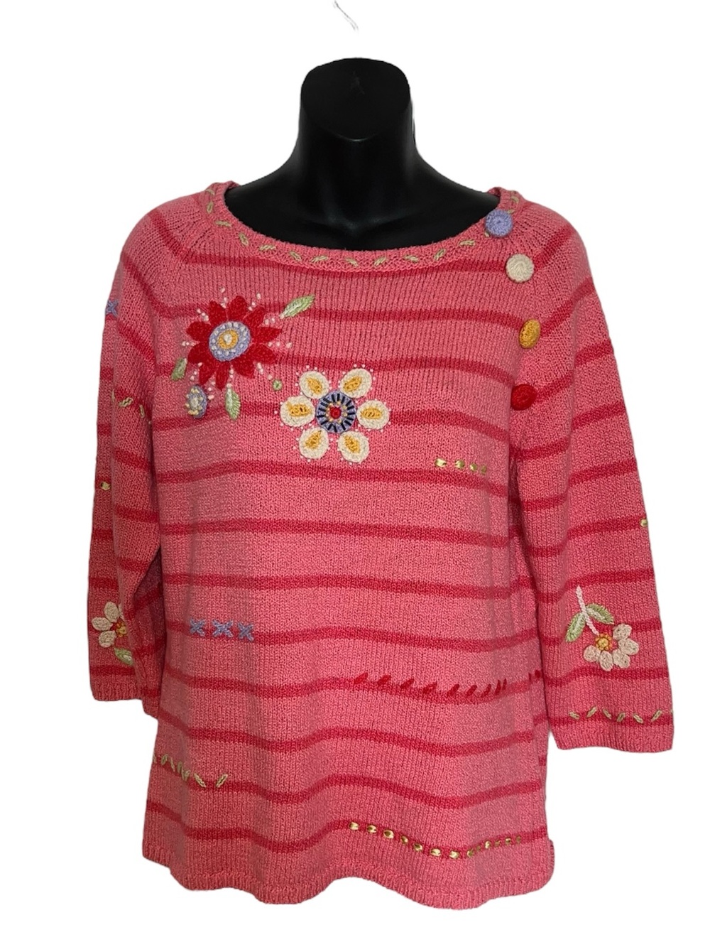 Carson Coral Pink Striped Crochet Embroidered Beaded Ribbon‎ Cotton Sweater sz L